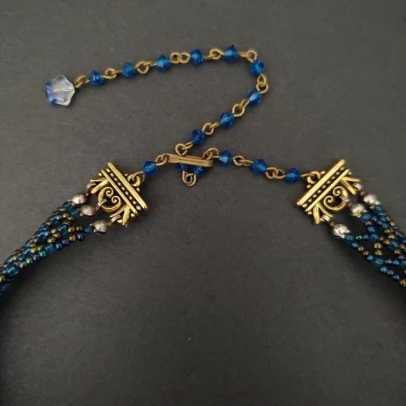 Bule and multi color iridescent seed bead choker with blue glass beads - Picture 6 of 12